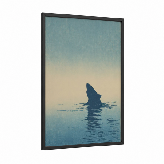 Basking Shark Solitude framed art print — black wood frame — teal and cream palette