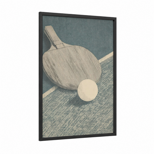 Minimalist Paddle framed table tennis print — black wood frame — teal and cream palette