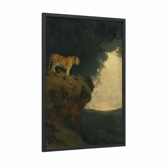 Summit Tiger framed art print — black wood frame — gold and black and gold palette
