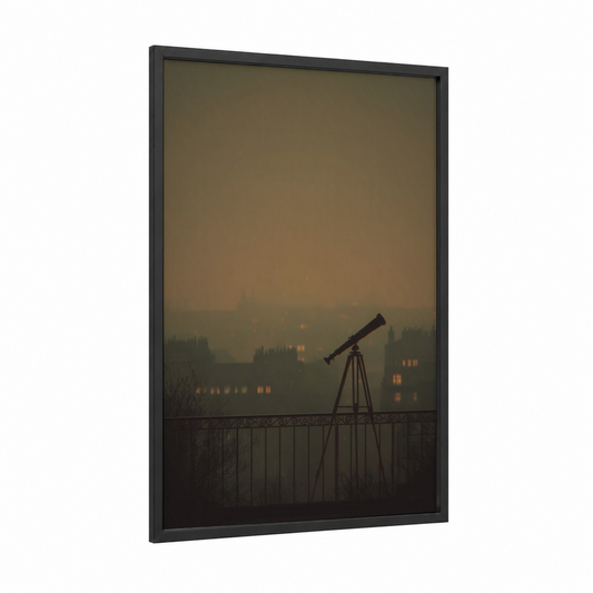 Misty Observatory framed spyglass print — black wood frame — espresso and gold palette