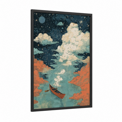 Moonlit Boat Dream framed kayaks and canoes print — black wood frame — teal and russet palette