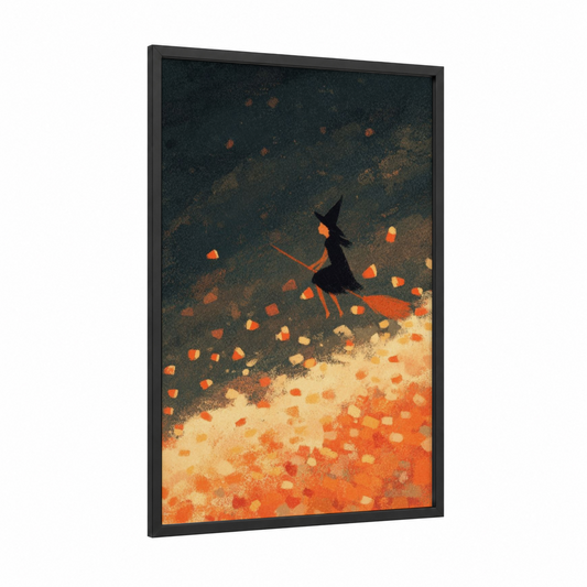 Witch's Flight framed halloween print — black wood frame — dark blue and orange palette