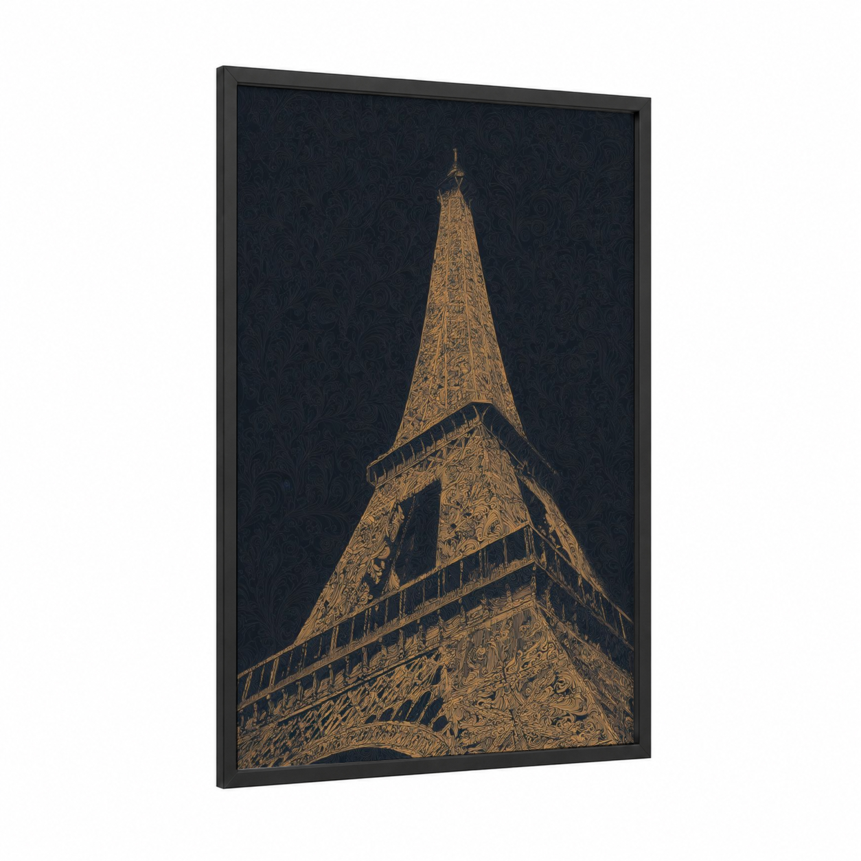 Golden Eiffel Tower framed art print — black wood frame — gold and black palette