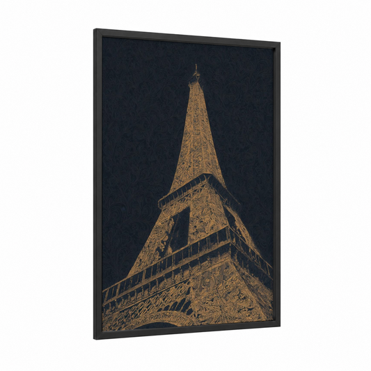 Golden Eiffel Tower framed art print — black wood frame — gold and black palette