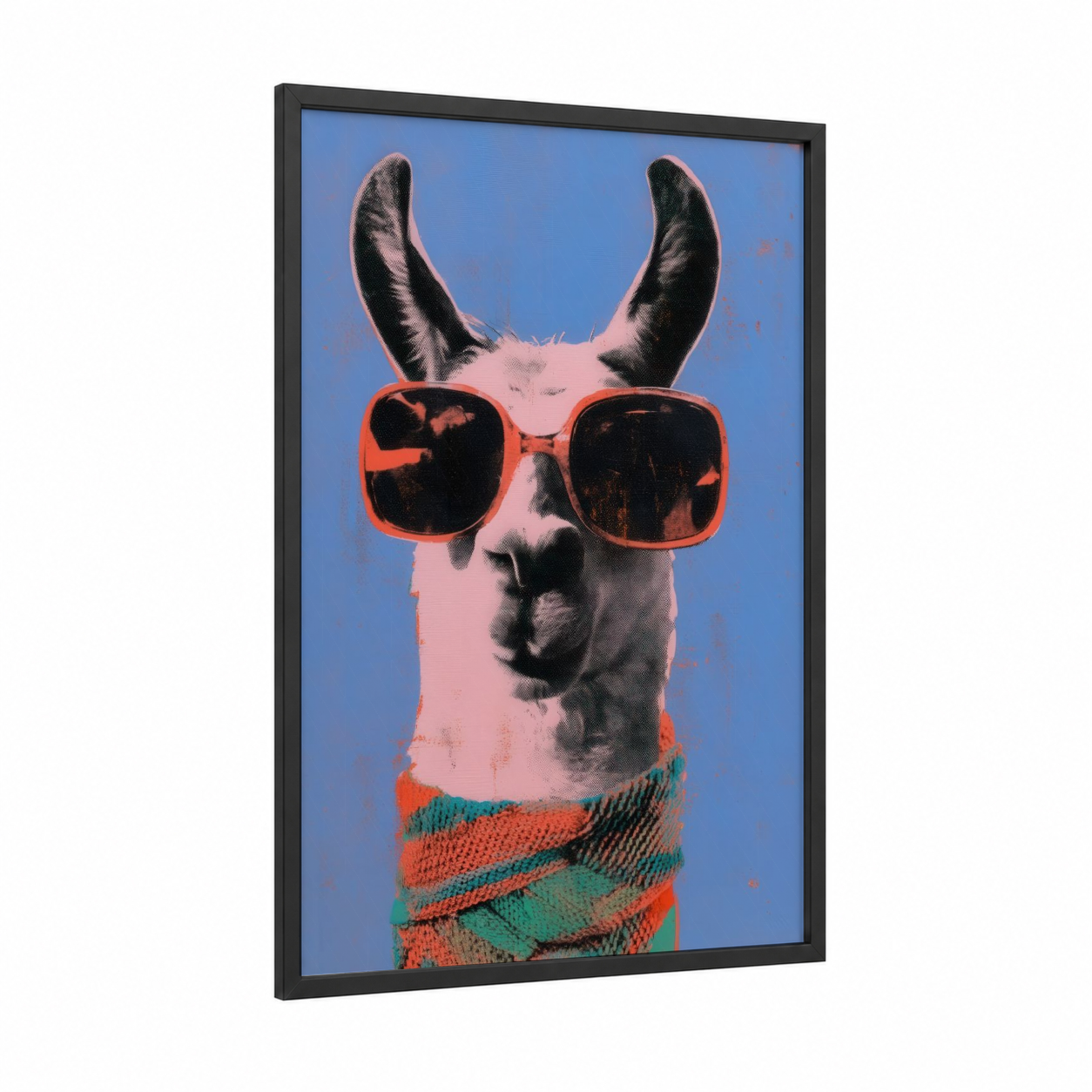 Cool Llama Vibes framed art print — black wood frame — blue and orange palette