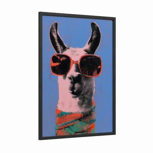 Cool Llama Vibes framed art print — black wood frame — blue and orange palette