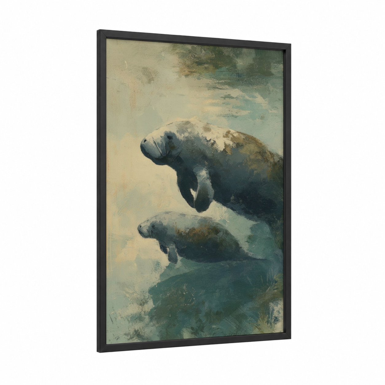 Gentle Manatees framed art print — black wood frame — teal and cream palette