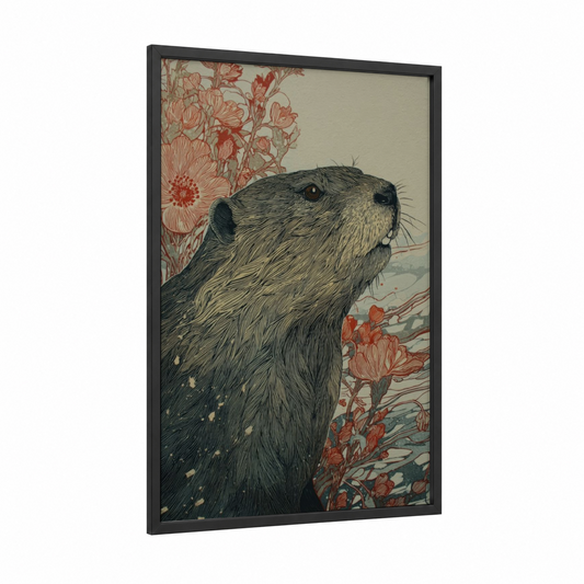 Floral Beaver framed art print — black wood frame — red and black and white palette