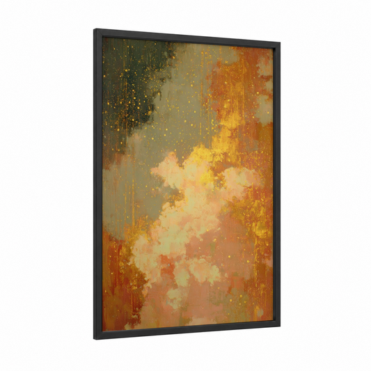 Golden Nebula framed art print — black wood frame — gold and orange palette