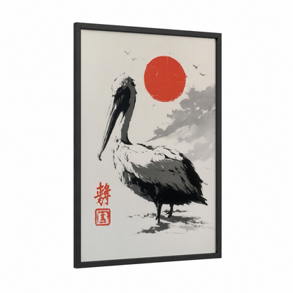 Crimson Sun Pelican framed art print — black wood frame — black and white and red palette