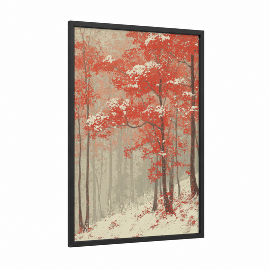Crimson Maple Forest framed art print — black wood frame — red and cream palette