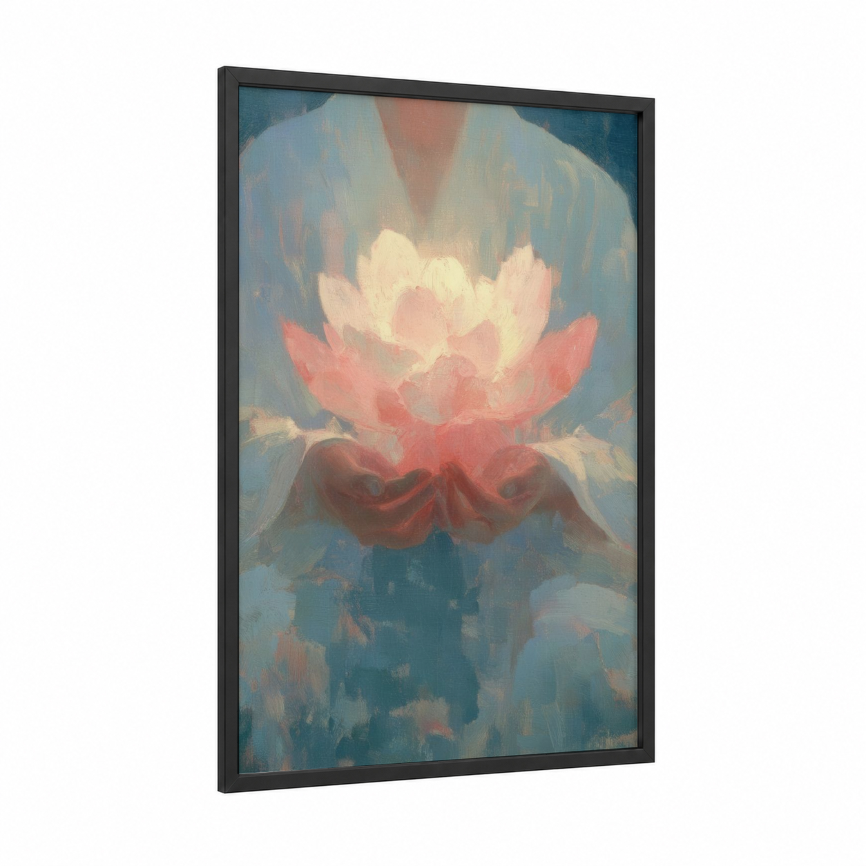 Lotus Meditation framed buddhism print — black wood frame — pink and blue palette