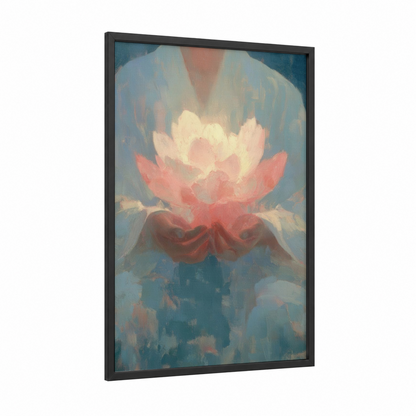Lotus Meditation framed buddhism print — black wood frame — pink and blue palette