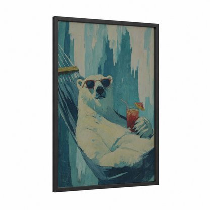 Relaxed Polar Bear framed art print — black wood frame — teal and cream palette