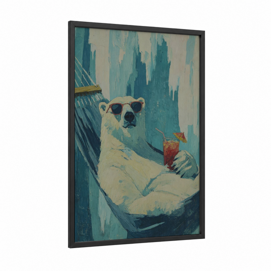 Relaxed Polar Bear framed art print — black wood frame — teal and cream palette
