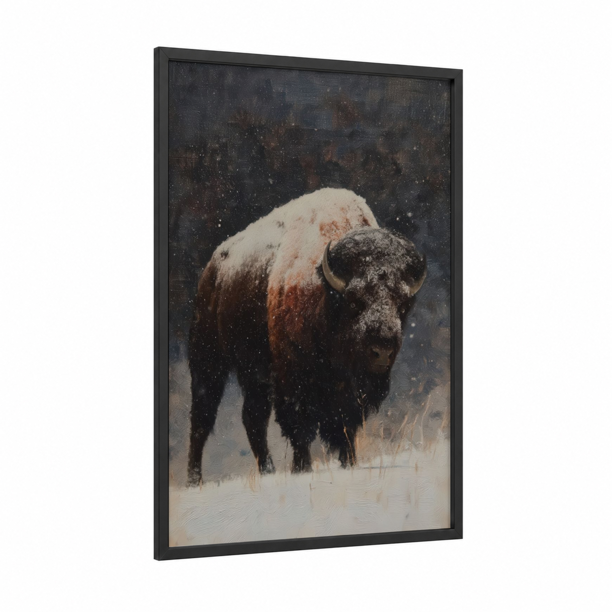Snowy Bison framed art print — black wood frame — white and gray palette