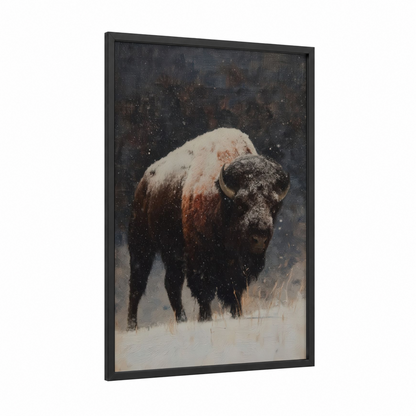 Snowy Bison framed art print — black wood frame — white and gray palette