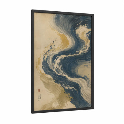 Japanese Ocean Waves Wall Art framed abstract traditional print — black wood frame — denim and gold palette