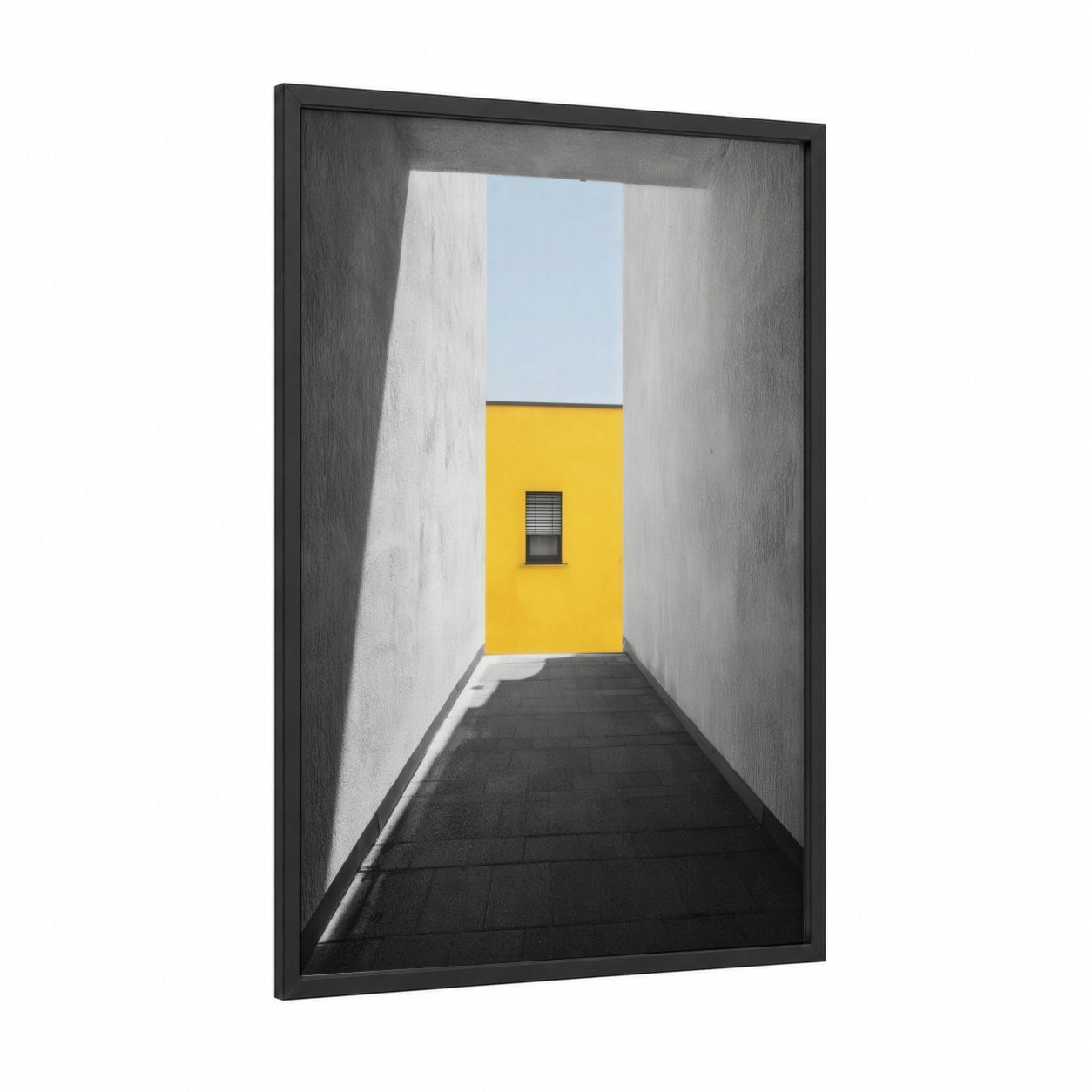 Yellow Corridor framed abstract architecture print — black wood frame — yellow gold and gray palette