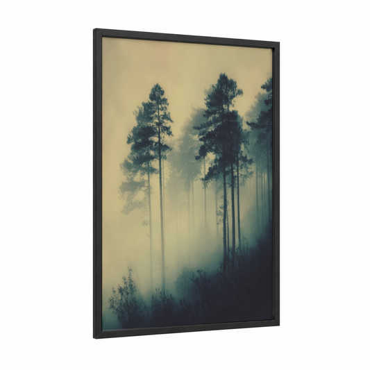 Misty Pine Forest framed art print — black wood frame — cream and dove gray palette