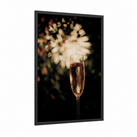 Celebration Champagne framed white wine print — black wood frame — gold and black palette