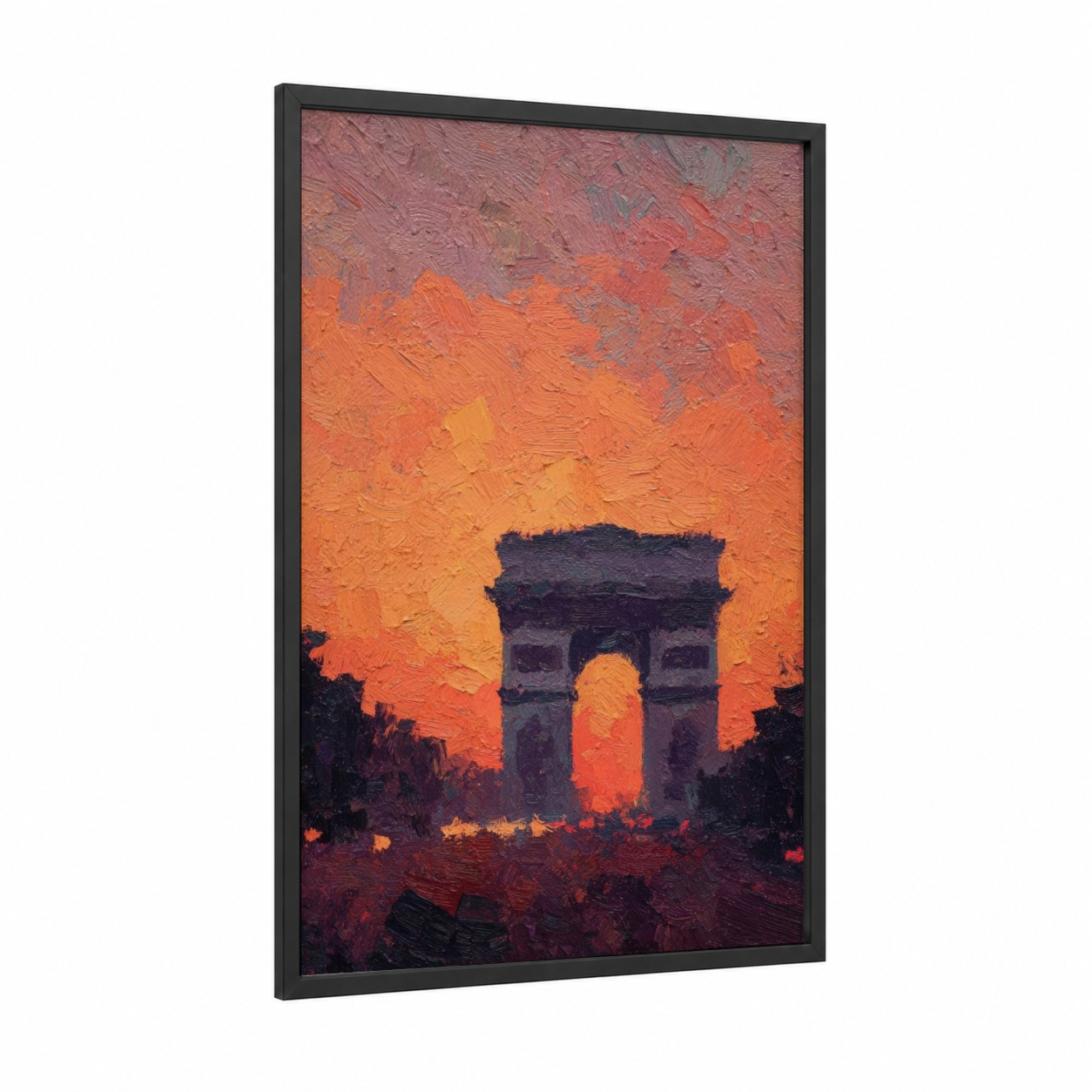 Sunset Arc framed arc de triomphe print — black wood frame — orange and maroon palette