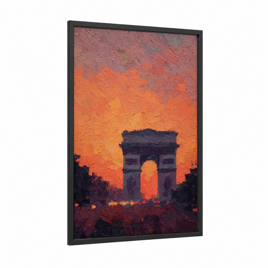 Sunset Arc framed arc de triomphe print — black wood frame — orange and maroon palette