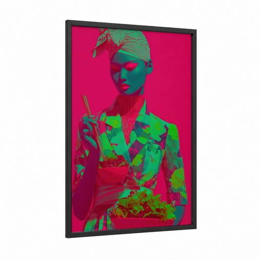 Neon Garden Portrait framed salad print — black wood frame — magenta and lime green palette