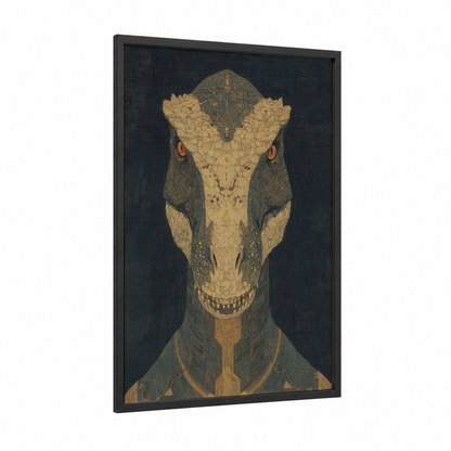 Golden Dinosaur framed art print — black wood frame — gold and black palette