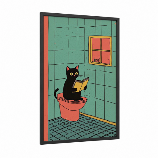 Literary Cat framed art print — black wood frame — teal palette