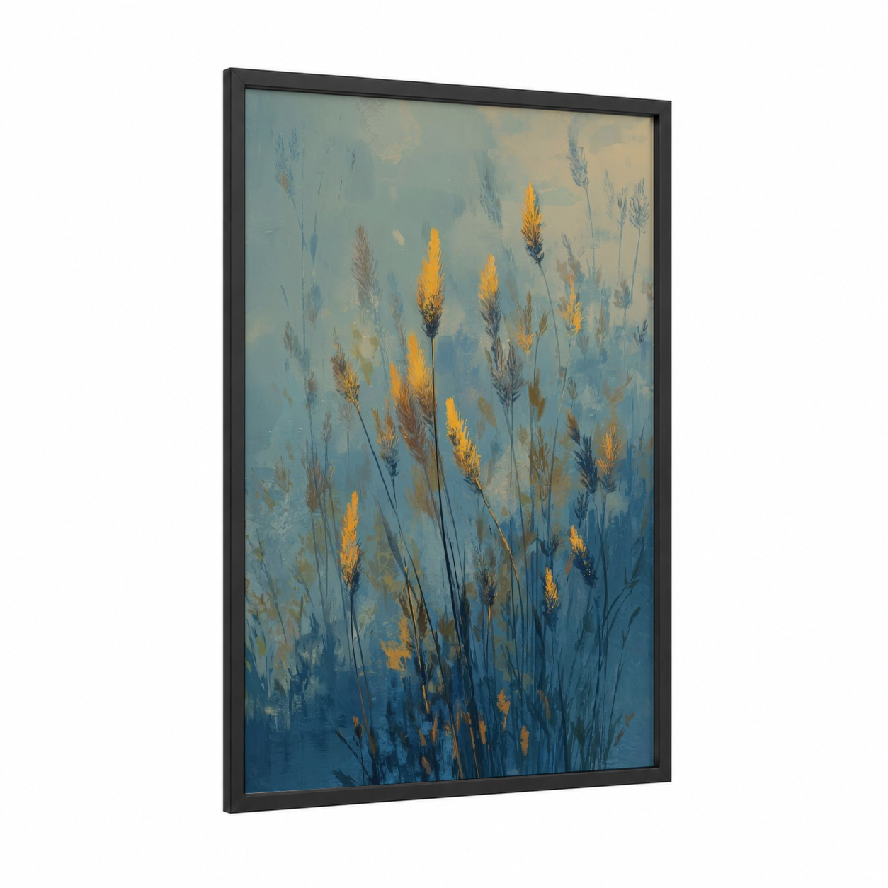 Golden Grain Field framed art print — black wood frame — gold and blue palette