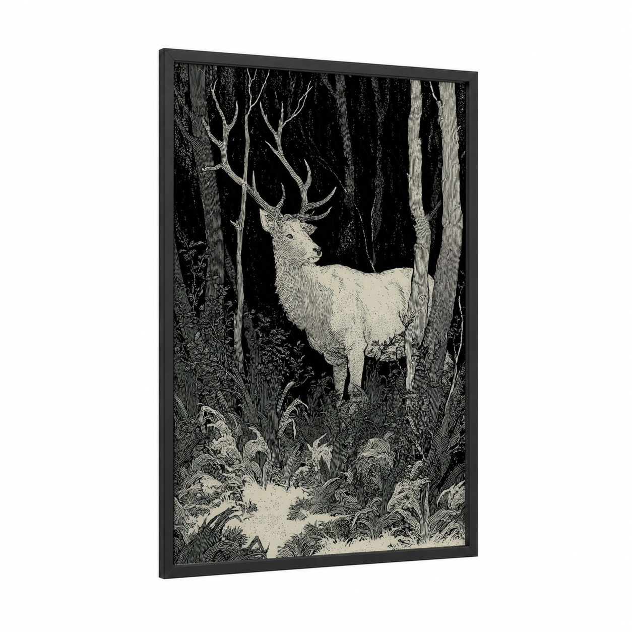 Moonlit Elk framed art print — black wood frame — black and white palette