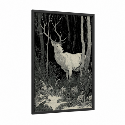 Moonlit Elk framed art print — black wood frame — black and white palette