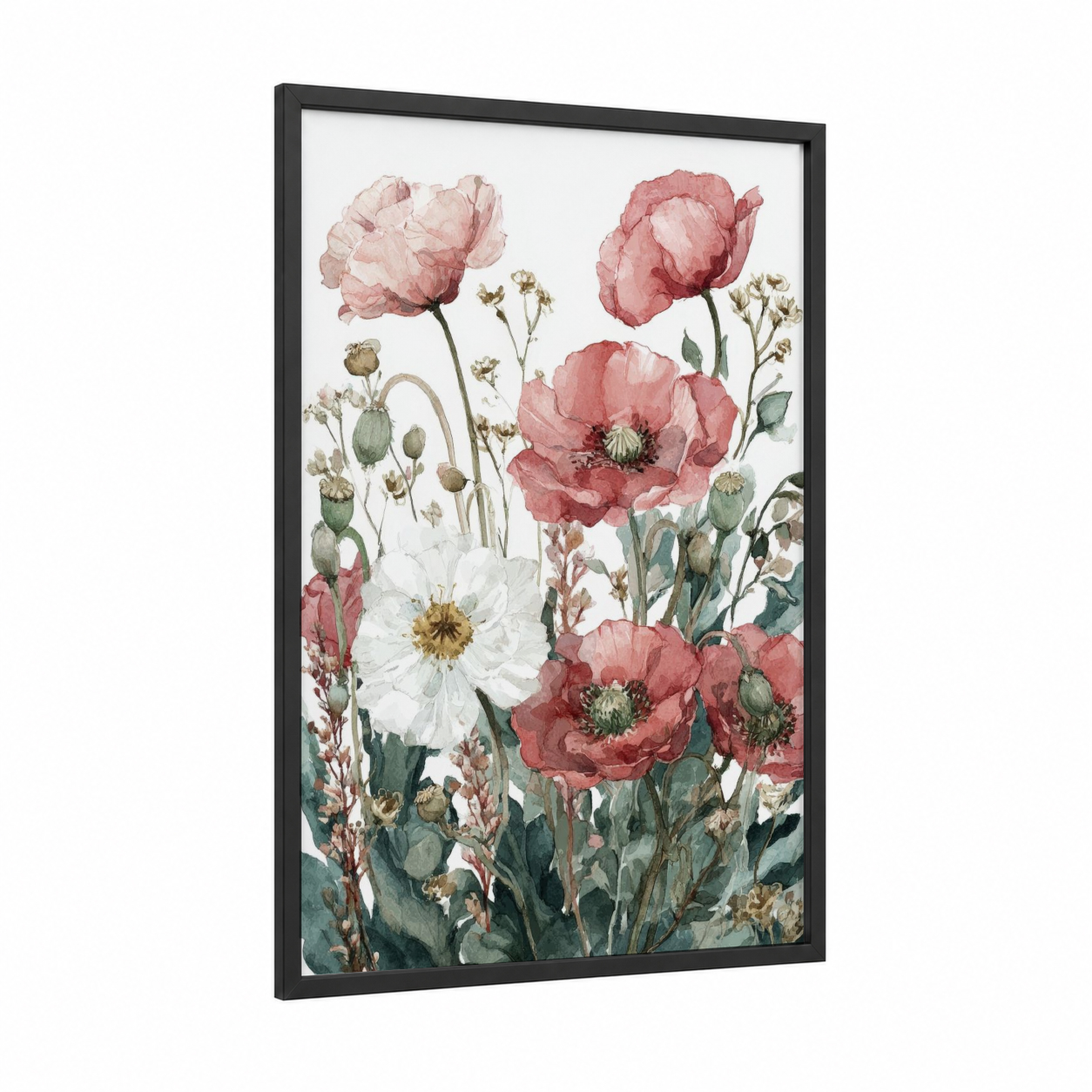 Romantic Poppies framed art print — black wood frame — salmon pink and white palette
