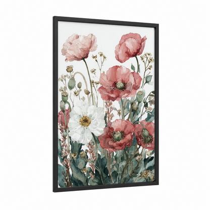 Romantic Poppies framed art print — black wood frame — salmon pink and white palette