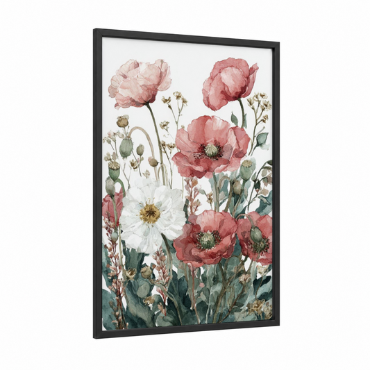 Romantic Poppies framed art print — black wood frame — salmon pink and white palette