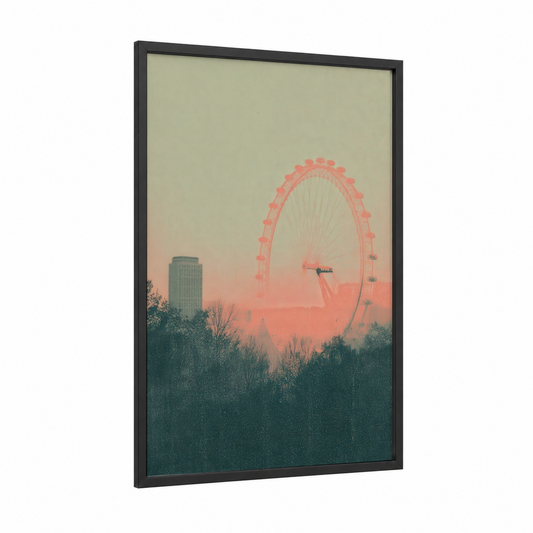 Sunset London Eye framed art print — black wood frame — salmon pink and dark green palette