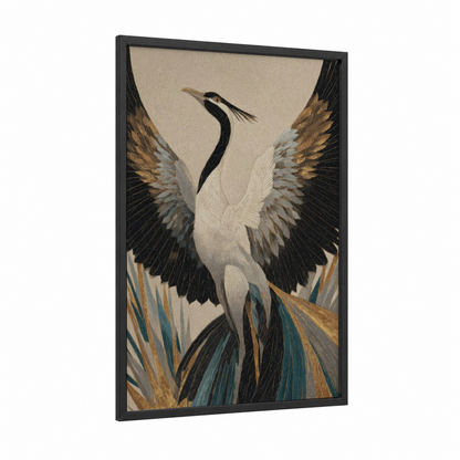 Mythic Phoenix Rising framed art print — black wood frame — gold and black palette