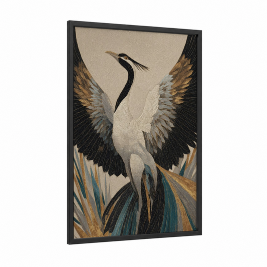Mythic Phoenix Rising framed art print — black wood frame — gold and black palette