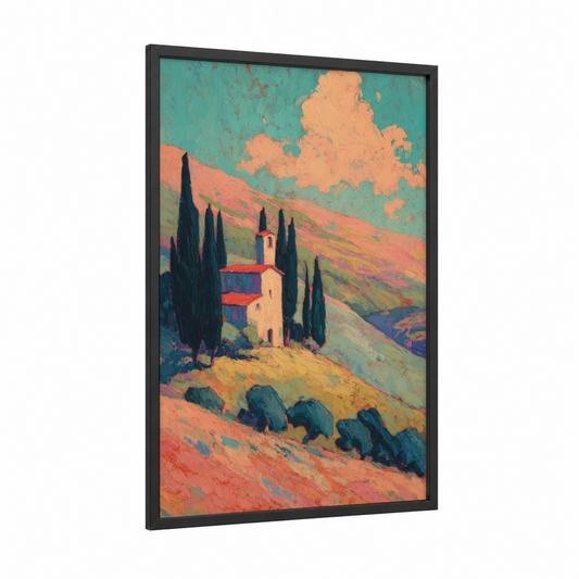 Tuscan Chapel framed churches and chapels print — black wood frame — turquoise and peach palette