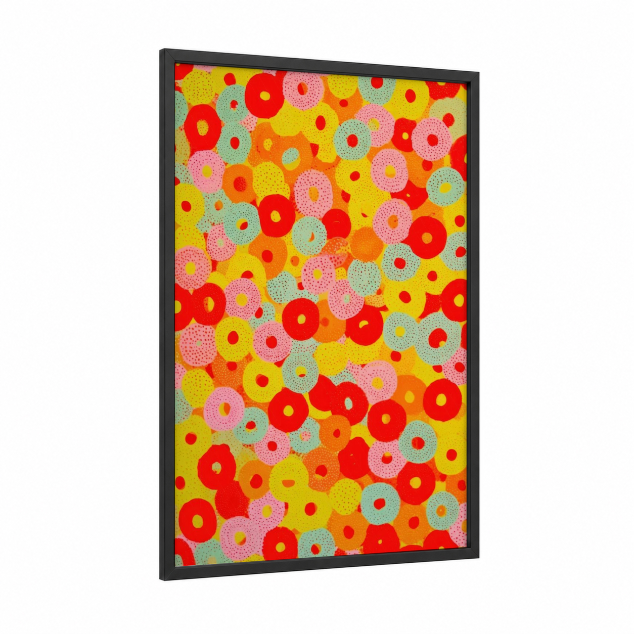 Vibrant Pasta Circles framed art print — black wood frame — red and yellow palette