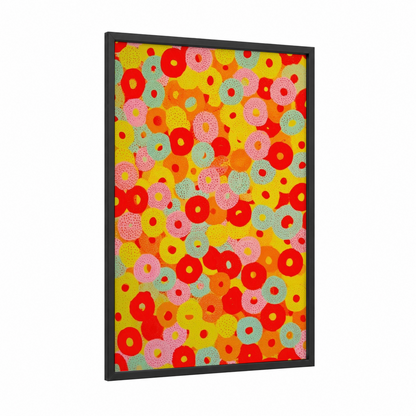 Vibrant Pasta Circles framed art print — black wood frame — red and yellow palette
