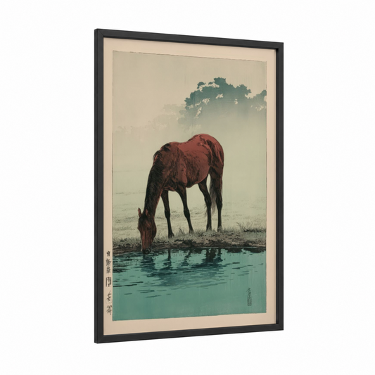 Waterside Thoroughbred framed thoroughbred horse print — black wood frame — teal and brown palette