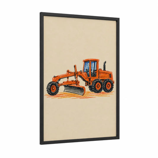 Orange Road Grader Construction Wall Art framed truck print — black wood frame — orange and beige palette