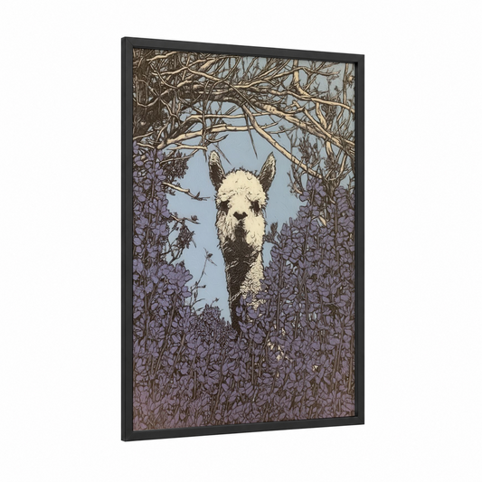 Lavender Alpaca framed art print — black wood frame — lavender and cream palette