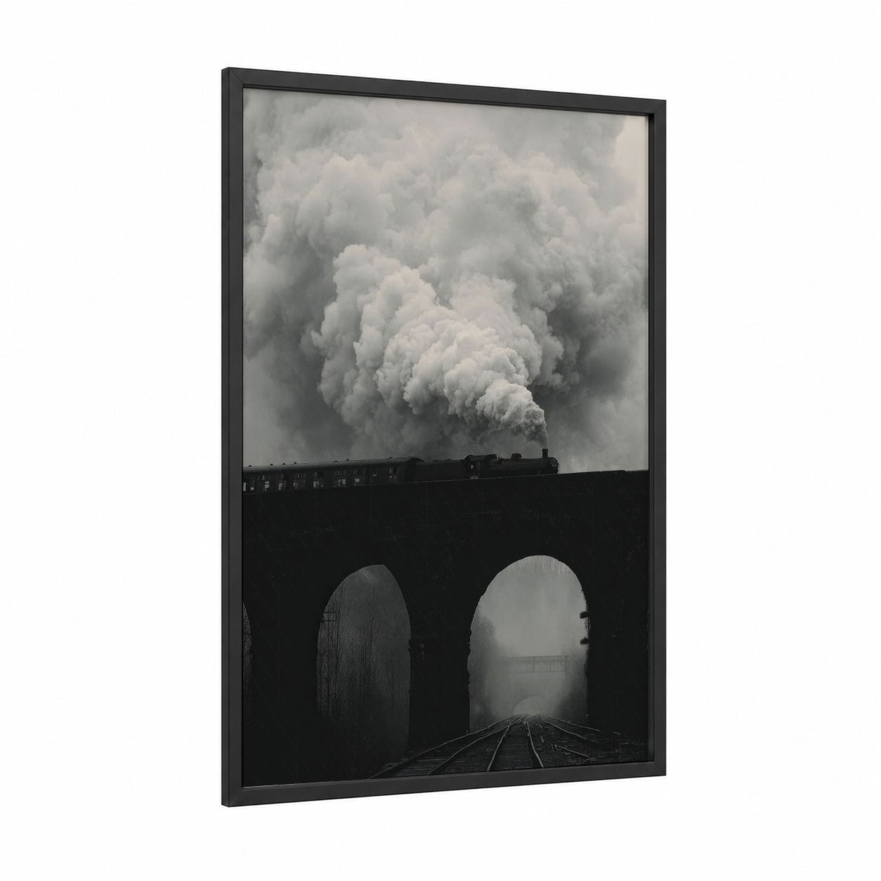 Steam Bridge Passage framed bridges print — black wood frame — black and white and gray palette