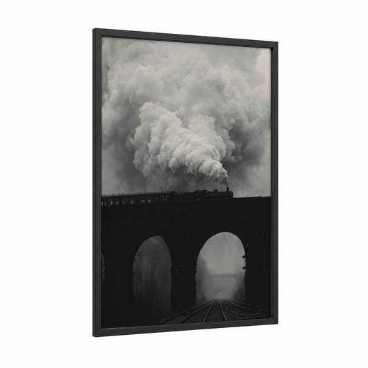 Steam Bridge Passage framed bridges print — black wood frame — black and white and gray palette