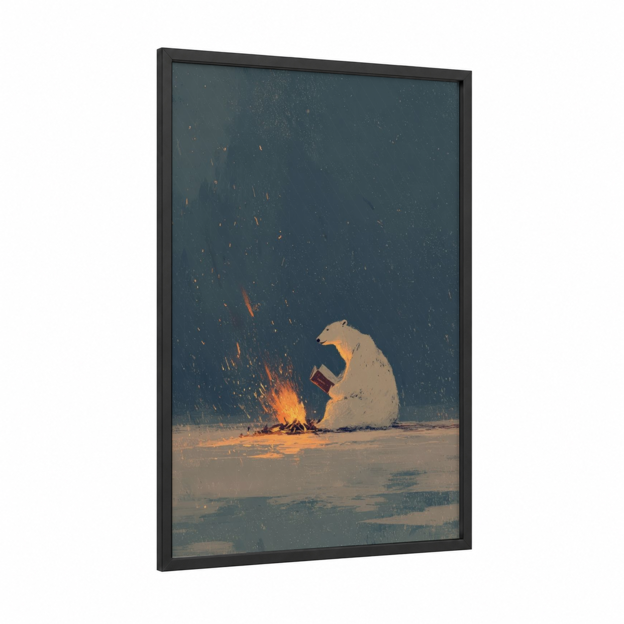 Solitary Campfire Bear framed polar bear print — black wood frame — blue and gold palette