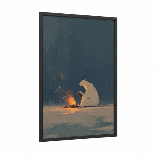 Solitary Campfire Bear framed polar bear print — black wood frame — blue and gold palette