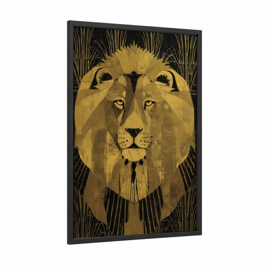 Golden Lion Portrait framed art print — black wood frame — gold and black palette